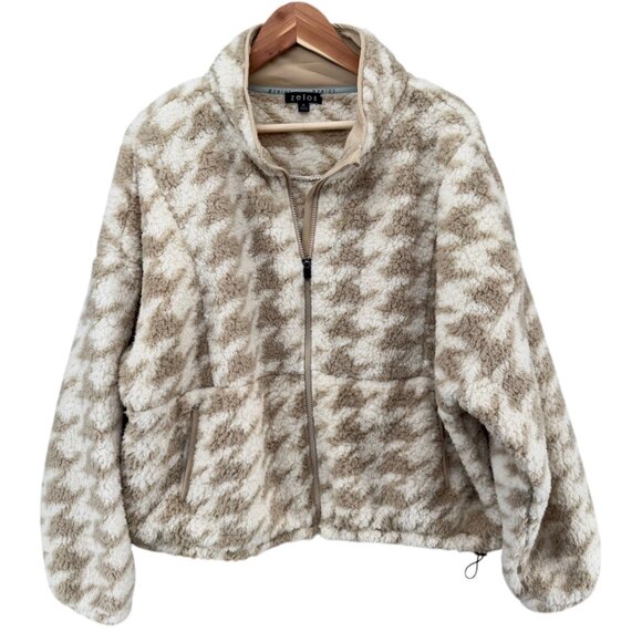 Zelos Super Soft Fleece Jacket Womens Cream Tan Houndstooth Full Zip Size XL NWD - Picture 1 of 13